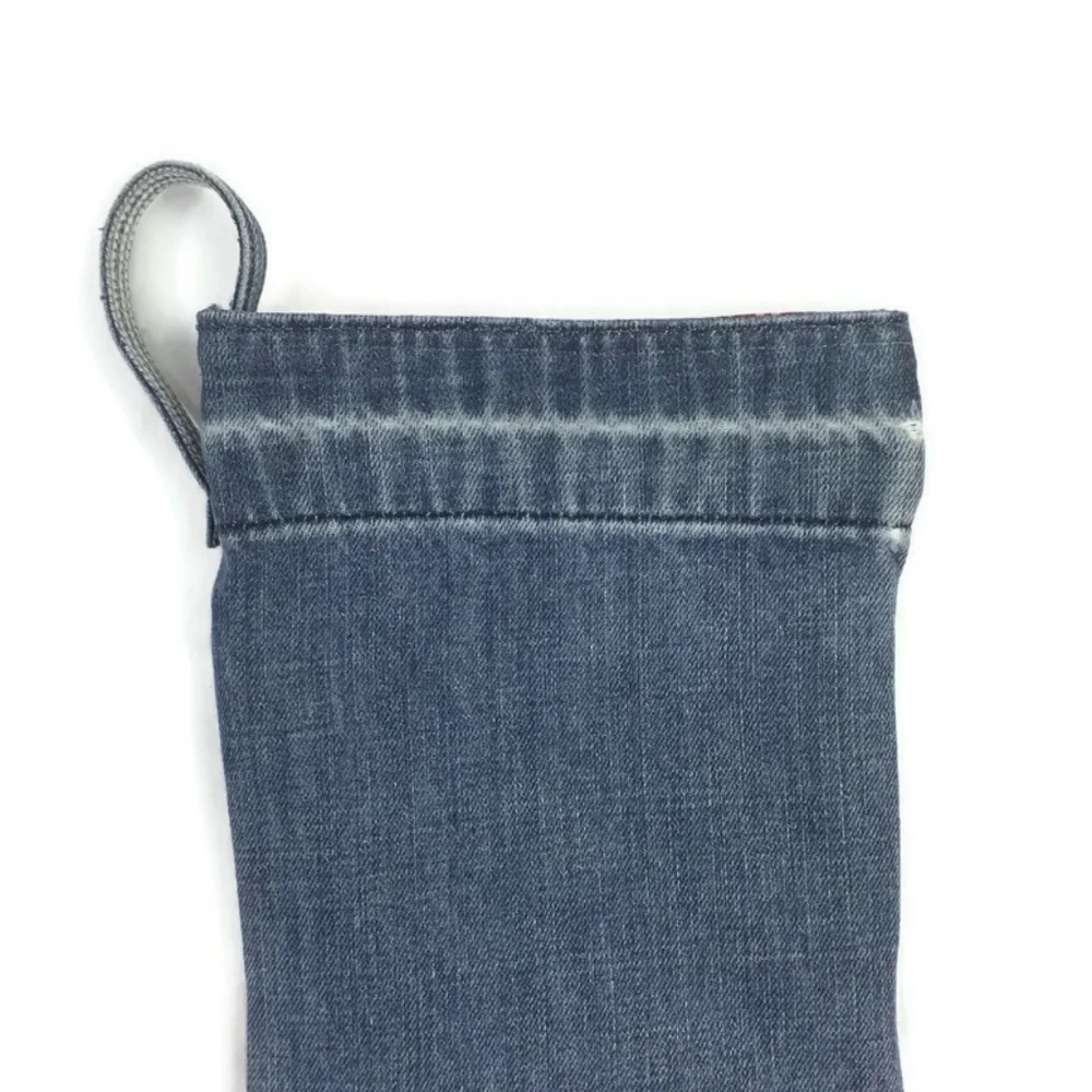 Hand Made Upcycled Denim Christmas Stocking Plaid Toe Heel 17” Rustic Lined